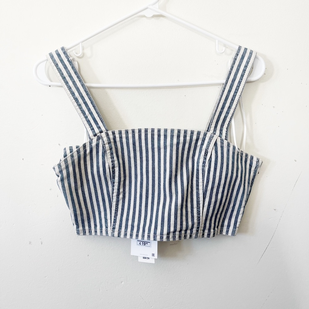 NWT Zara Striped White & Blue Denim Bandeau Style Crop Top w/ Shoulder Straps